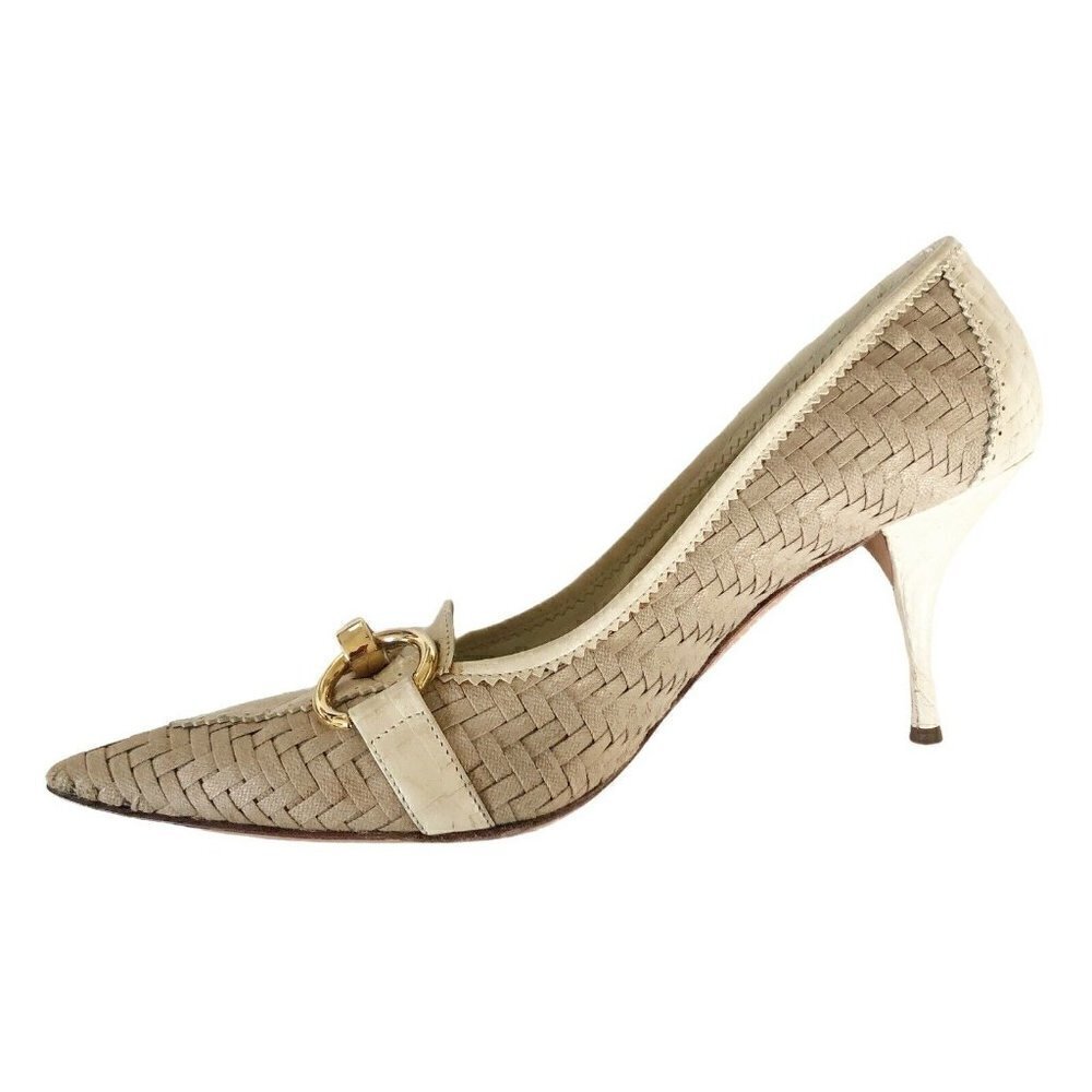 Casadei Beige Woven Leather Gold Horse Bit Heels - Picture 8 of 12